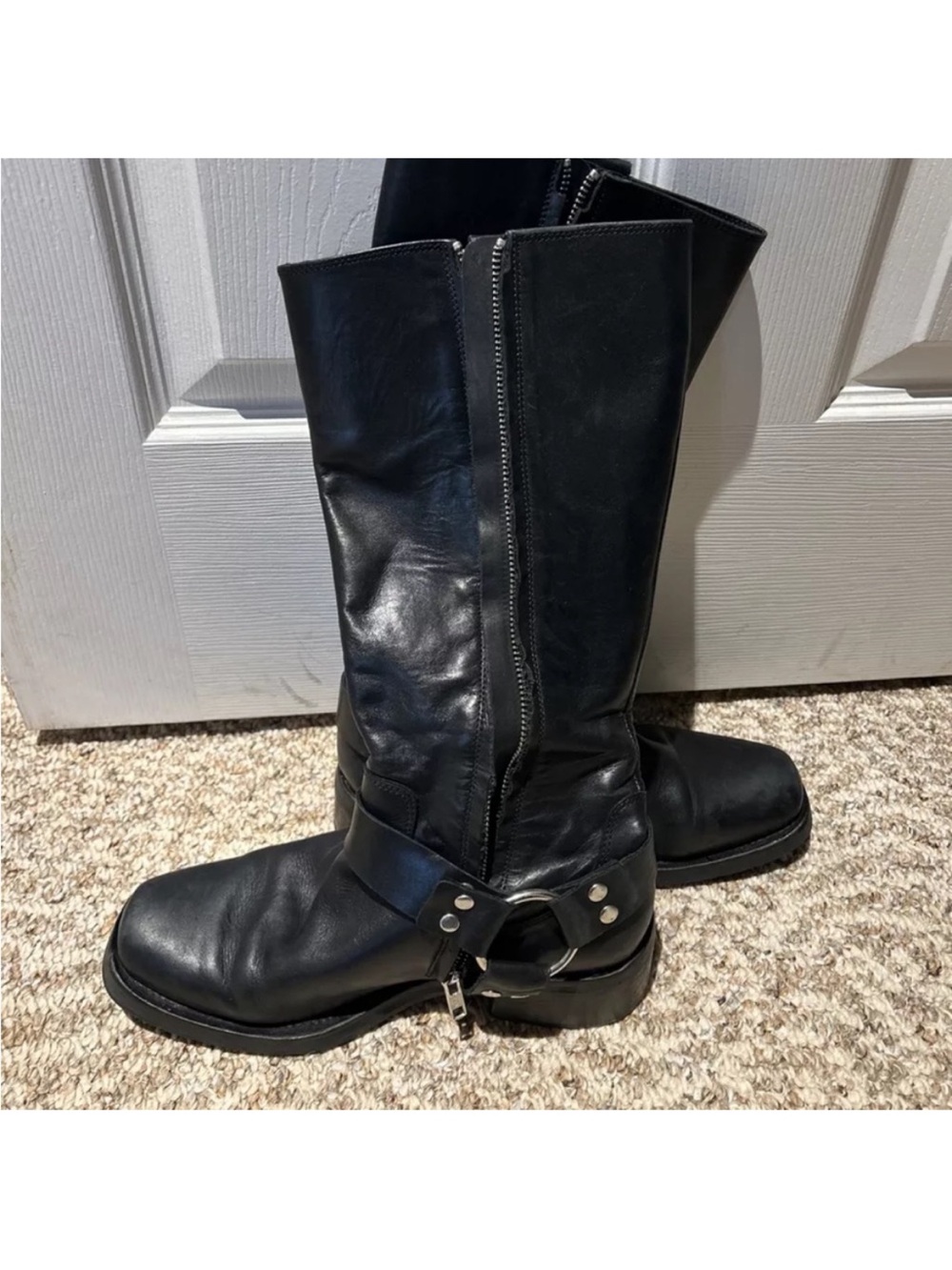The Kooples Black Leather Harness Boots - women’s Tall Zip Moto Boot